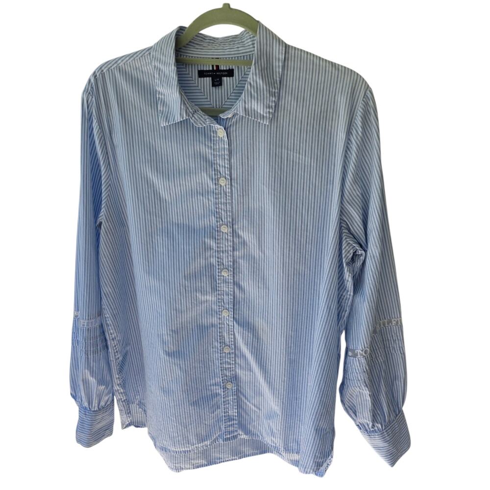 Tommy Hilfiger Relaxed Fit Shirt L Blue White Stripe Lace Logo Cotton